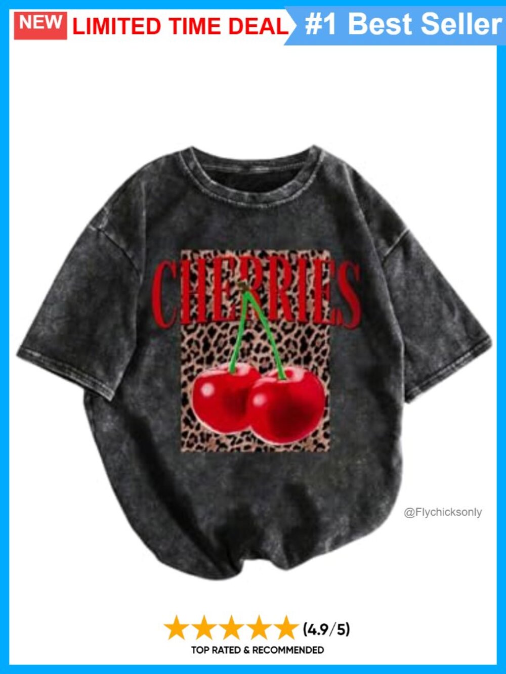 SHENHE Washed Short Sleeve Cherry Leopard Graphic Crew Neck Tee